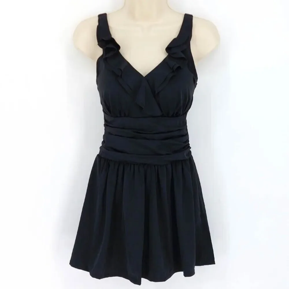 Denim & Co Beach Swimsuit Womens Sz 6 Black One Piece Swim Dress Modest